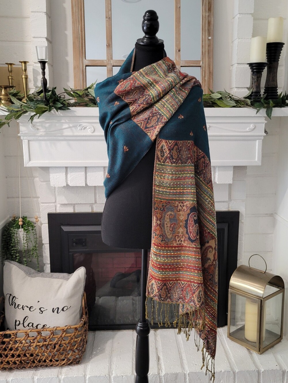 Bohemian Teal Paisley Fringed Wrap Art Deco Scarf